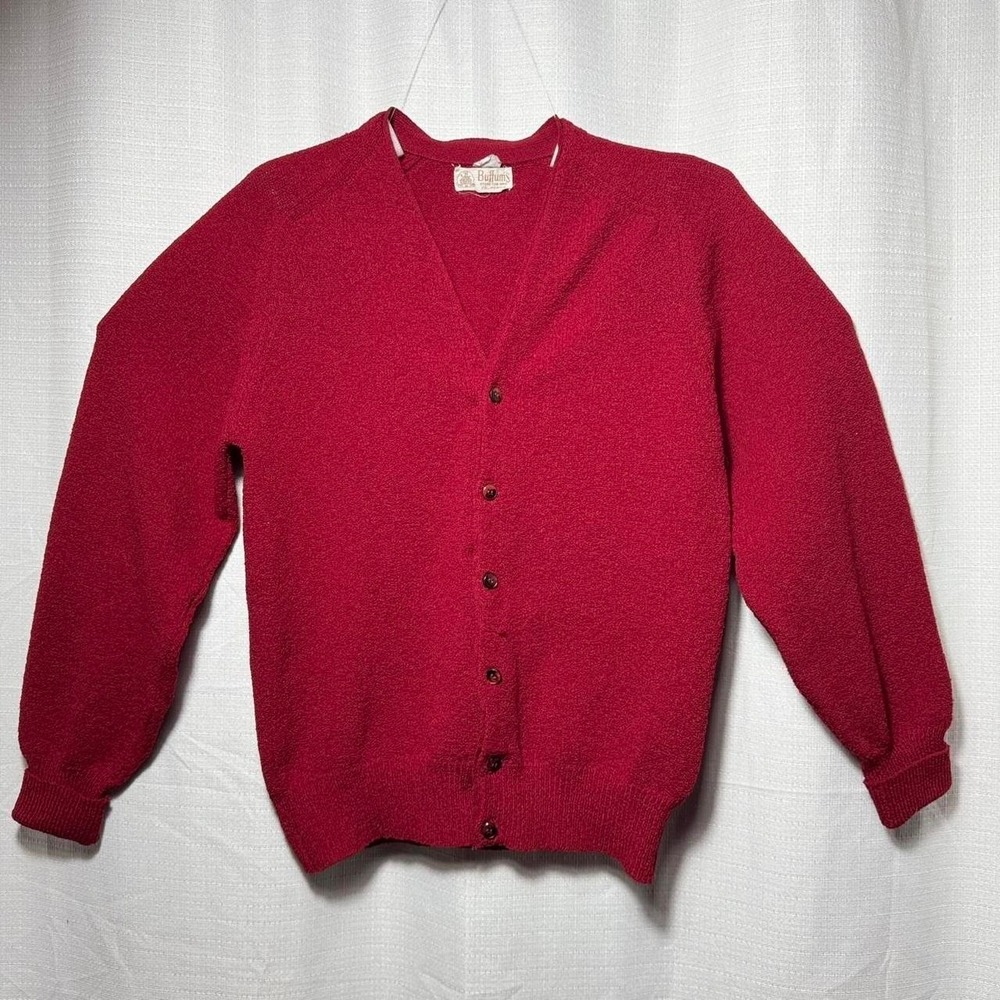 Buffums Vintage Size Medium Red Dacron Polyester Knit Cardigan Sweater Classic
